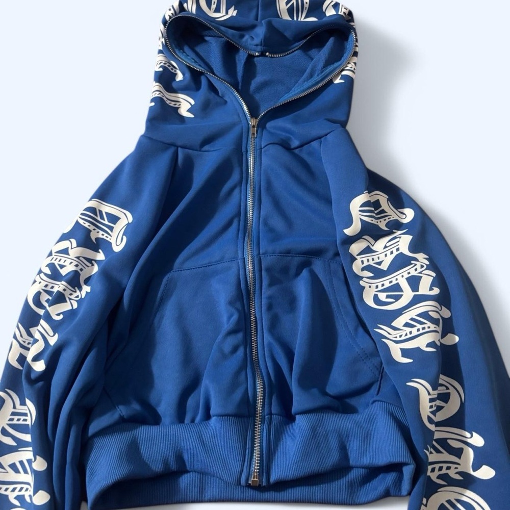 Blue Hoodie with White Graphic Print